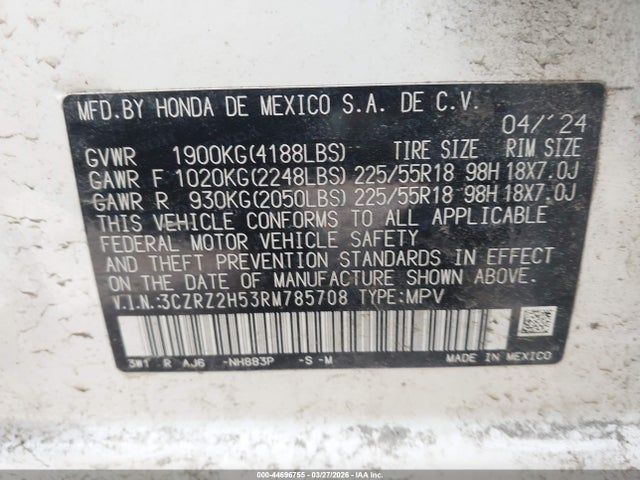 3CZRZ2H53RM785708 Honda Hr-v Awd Sport/awd Sport W/o Bsi