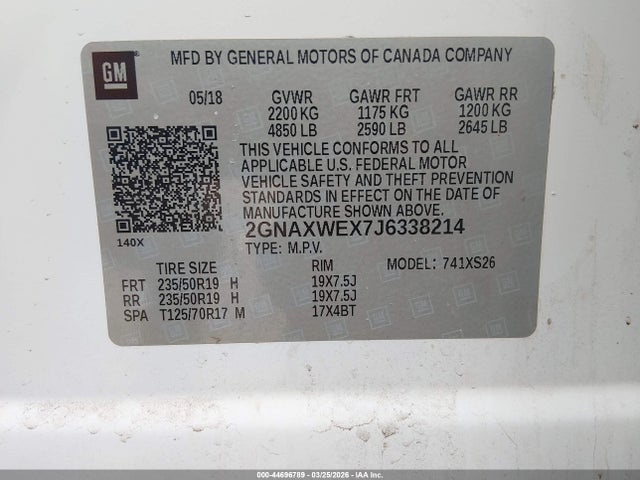 44696789 :رقم المزاد ، 2GNAXWEX7J6338214 vin ، 2018 Chevrolet Equinox Premier مزاد بيع