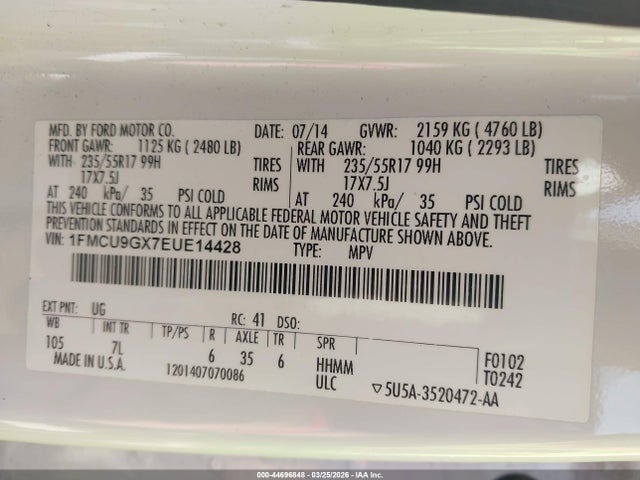 1FMCU9GX7EUE14428 Ford ESCAPE SE
