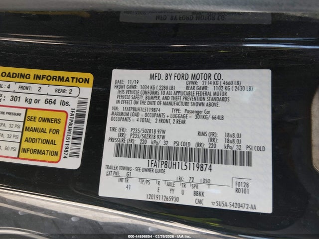 Продаж на аукціоні авто 2020 Ford Mustang Ecoboost Premium, vin: 1FATP8UH1L5119874, номер лоту: 44696854