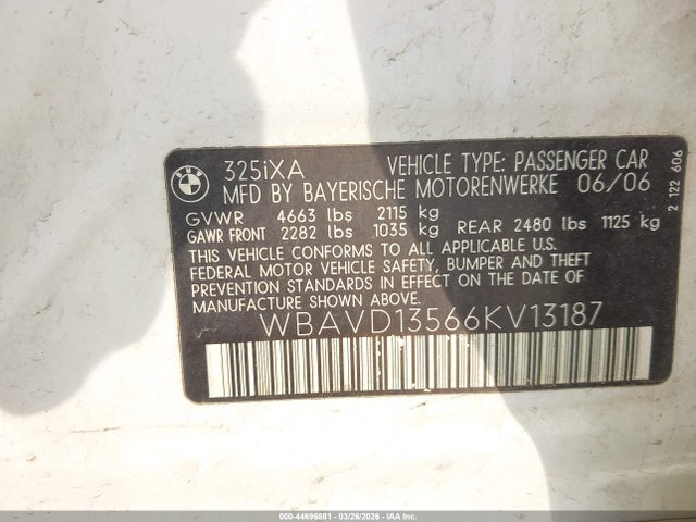 Aukcja sprzedaży 2006 Bmw 325xi, vin: WBAVD13566KV13187, numer aukcji: 44696881