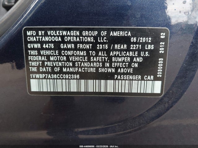 Продажа на аукционе авто 2012 Volkswagen Passat 2.5l Se, vin: 1VWBP7A36CC092396, номер лота: 44696898