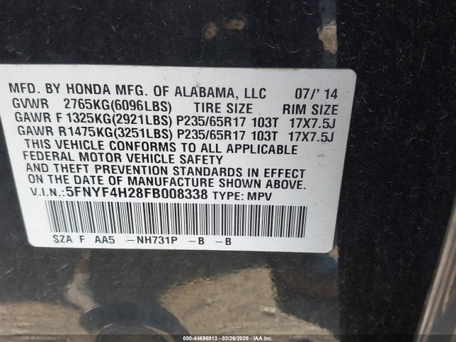 2015 HONDA PILOT 5FNYF4H28FB008338 Photo 8