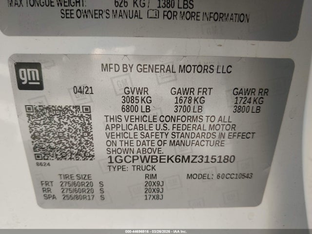 1GCPWBEK6MZ315180 Chevrolet Silverado 1500 2wd Short Bed Custom