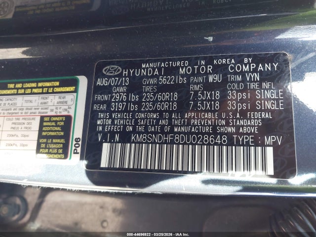 2013 HYUNDAI SANTA FE KM8SNDHF8DU028648 Photo 8