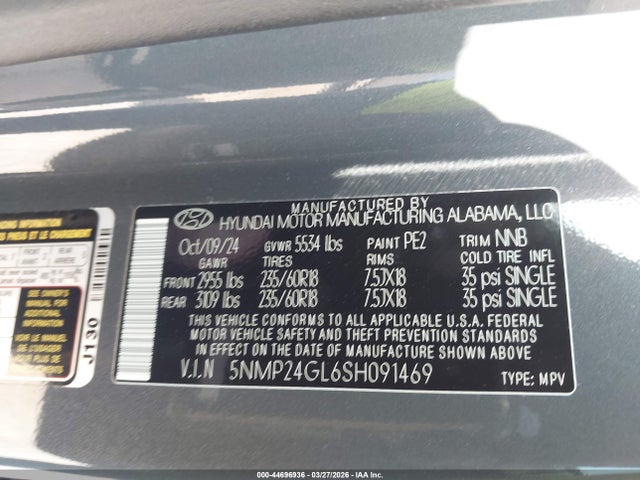 44696936 :رقم المزاد ، 5NMP24GL6SH091469 vin ، 2025 Hyundai Santa Fe Sel مزاد بيع