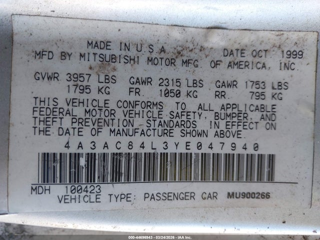 2000 MITSUBISHI ECLIPSE 4A3AC84L3YE047940 Photo 8
