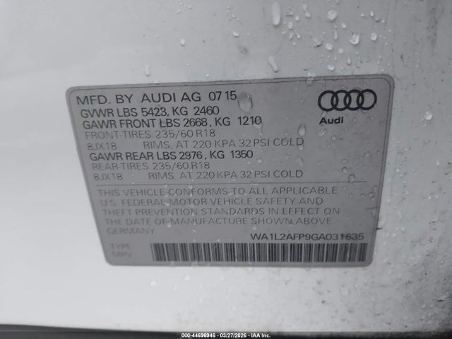 Продажа на аукционе авто 2016 Audi Q5 2.0t Premium, vin: WA1L2AFP9GA031635, номер лота: 44696946