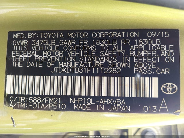 2015 Toyota Prius C Two მანქანა იყიდება აუქციონზე, vin: JTDKDTB31F1112282, აუქციონის ნომერი: 44697004