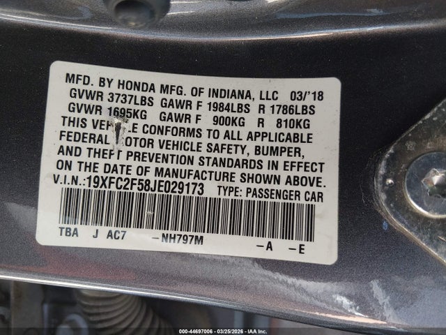 2018 Honda Civic Lx მანქანა იყიდება აუქციონზე, vin: 19XFC2F58JE029173, აუქციონის ნომერი: 44697006
