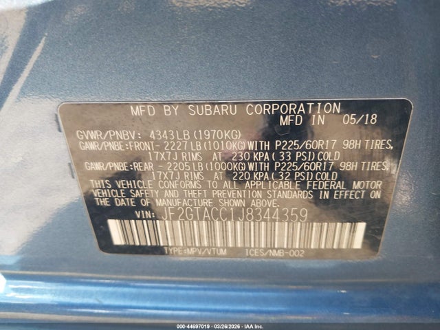 Aukcja sprzedaży 2018 Subaru Crosstrek 2.0i Premium, vin: JF2GTACC1J8344359, numer aukcji: 44697019