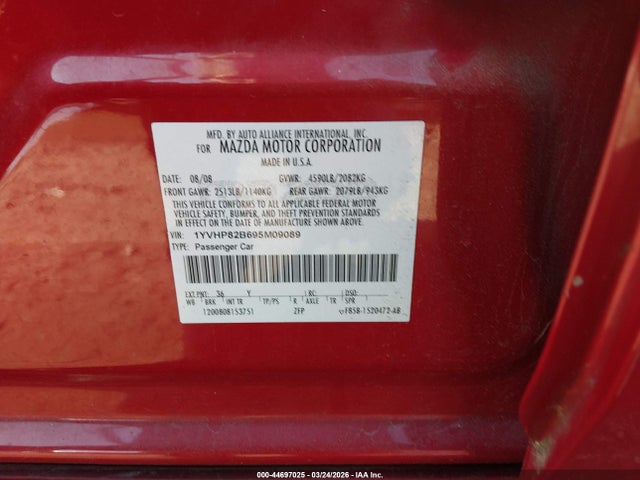 44697025 :رقم المزاد ، 1YVHP82B695M09089 vin ، 2009 Mazda Mazda6 S Touring مزاد بيع