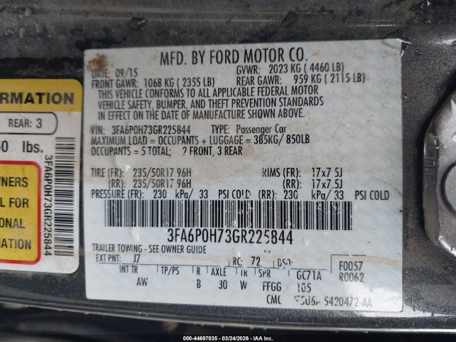 Ford FUSION SE 2016 3FA6P0H73GR225844 Image 9