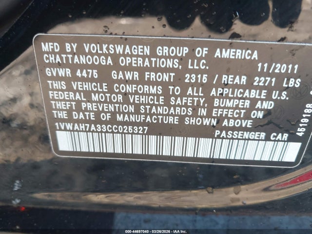 44697040 :رقم المزاد ، 1VWAH7A33CC025327 vin ، 2012 Volkswagen Passat 2.5l S مزاد بيع