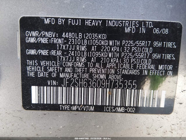 44697069 :رقم المزاد ، JF2SH63609H735355 vin ، 2009 Subaru Forester 2.5x مزاد بيع