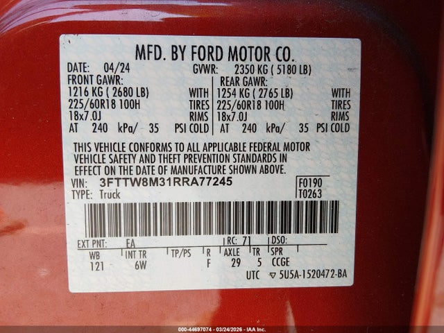 3FTTW8M31RRA77245 Ford Maverick Lariat