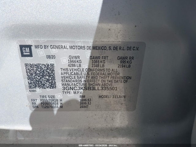 Продаж на аукціоні авто 2020 Chevrolet Trax Fwd Ls, vin: 3GNCJKSB3LL335501, номер лоту: 44697083