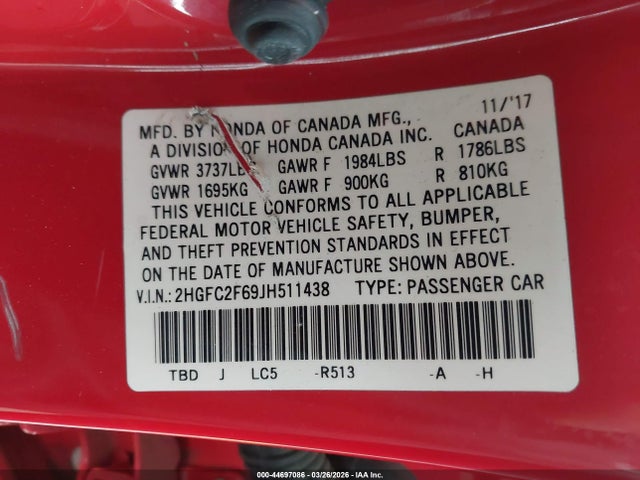 Honda Civic Lx 2018 2HGFC2F69JH511438 Image 9