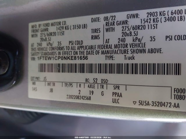 Продажа на аукционе авто 2022 Ford F-150 Xl, vin: 1FTEW1CP0NKE81656, номер лота: 44697089
