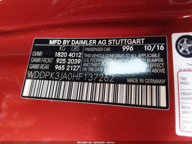 Aukcja sprzedaży 2017 Mercedes-benz Slc 300, vin: WDDPK3JA0HF137262, numer aukcji: 44697126