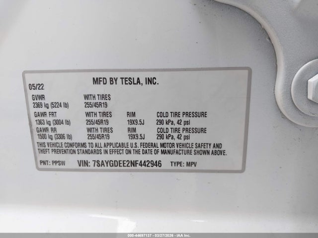 44697137 :رقم المزاد ، 7SAYGDEE2NF442946 vin ، 2022 Tesla Model Y Long Range Dual Motor All-wheel Drive مزاد بيع