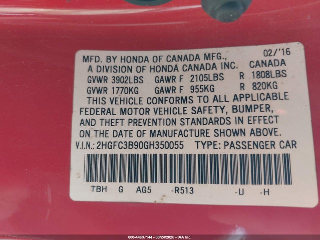 44697144 :رقم المزاد ، 2HGFC3B90GH350055 vin ، 2016 Honda Civic Touring مزاد بيع