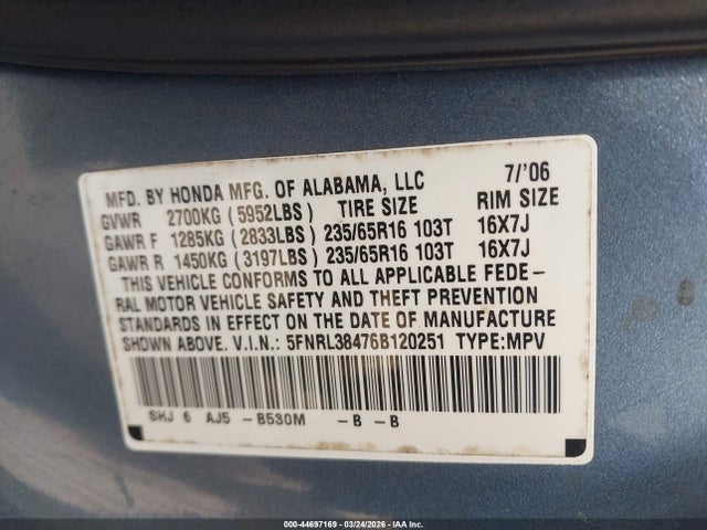 44697169 :رقم المزاد ، 5FNRL38476B120251 vin ، 2006 Honda Odyssey Ex مزاد بيع