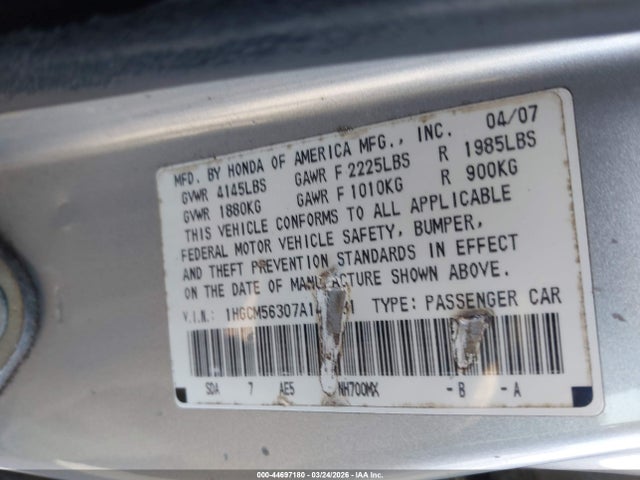 44697180 :رقم المزاد ، 1HGCM56307A146081 vin ، 2007 Honda Accord 2.4 Se مزاد بيع