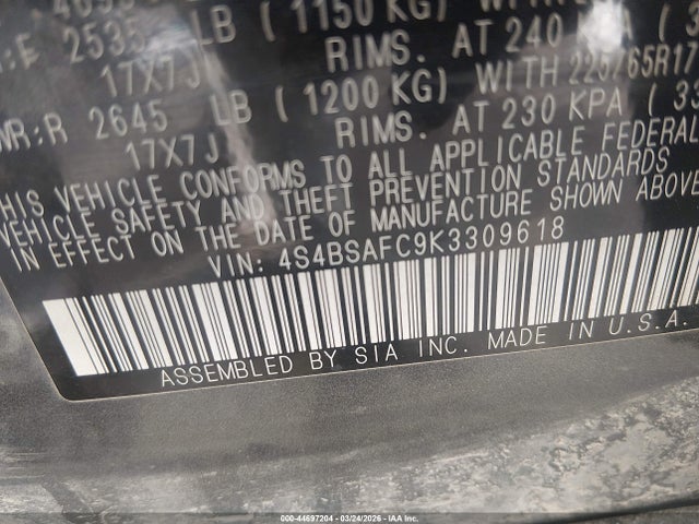 Продаж на аукціоні авто 2019 Subaru Outback 2.5i Premium, vin: 4S4BSAFC9K3309618, номер лоту: 44697204