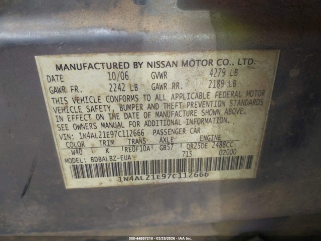 Aukcja sprzedaży 2007 Nissan Altima 2.5 S, vin: 1N4AL21E97C112666, numer aukcji: 44697218