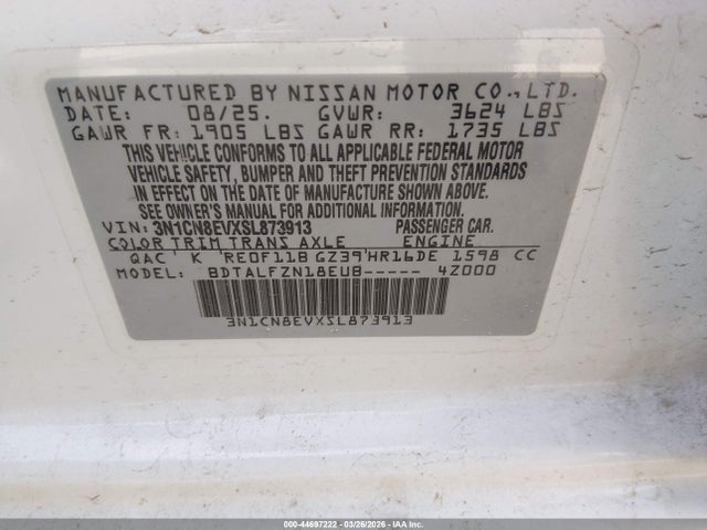 2025 Nissan Versa 1.6 Sv მანქანა იყიდება აუქციონზე, vin: 3N1CN8EVXSL873913, აუქციონის ნომერი: 44697222