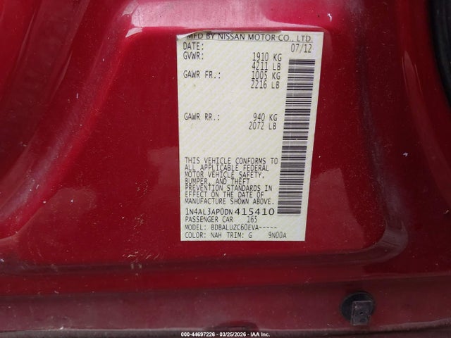 Aukcja sprzedaży 2013 Nissan Altima 2.5 Sv, vin: 1N4AL3AP0DN415410, numer aukcji: 44697226
