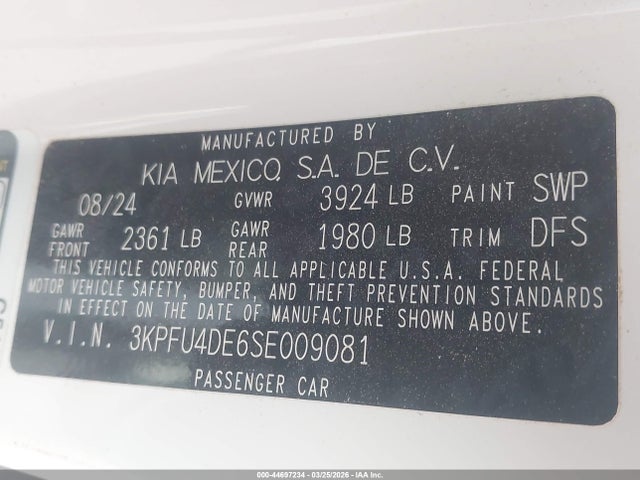 Продажа на аукционе авто 2025 Kia K4 Ex, vin: 3KPFU4DE6SE009081, номер лота: 44697234