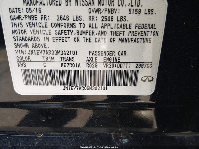 2016 Infiniti Q50 3.0t Premium მანქანა იყიდება აუქციონზე, vin: JN1EV7AR0GM342101, აუქციონის ნომერი: 44697235