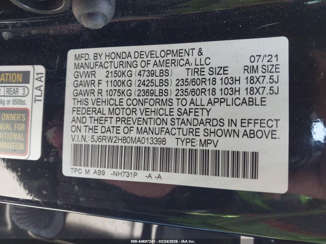 44697241 :رقم المزاد ، 5J6RW2H80MA013398 vin ، 2021 Honda Cr-v Awd Ex-l مزاد بيع