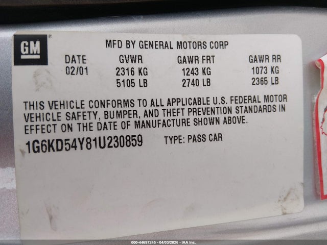 2001 CADILLAC DEVILLE 1G6KD54Y81U230859 Photo 8