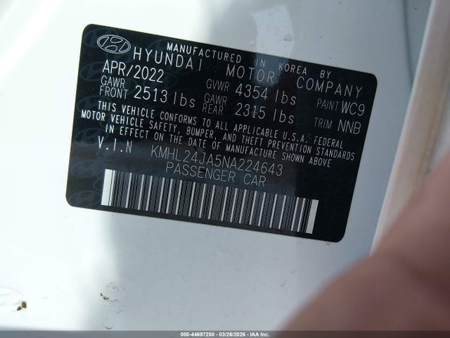 Auction sale of the 2022 Hyundai Sonata Se, vin: KMHL24JA5NA224643, lot number: 44697250