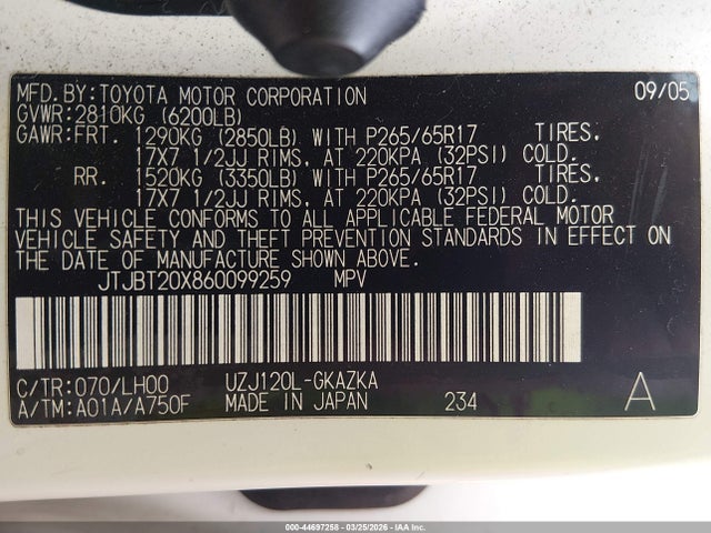 Продажа на аукционе авто 2006 Lexus Gx 470, vin: JTJBT20X860099259, номер лота: 44697258