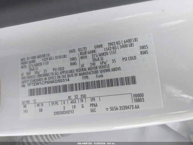Aukcja sprzedaży 2022 Ford F-150 Xl, vin: 1FTEW1CP8NKD50314, numer aukcji: 44697263