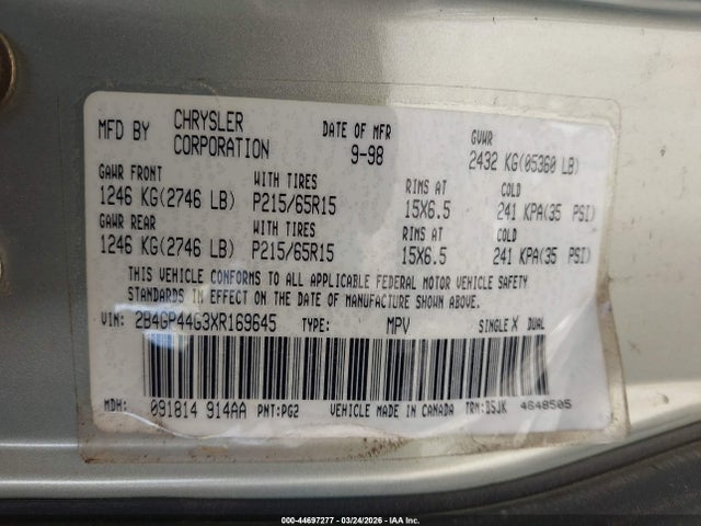 Aukcja sprzedaży 1999 Dodge Grand Caravan Se, vin: 2B4GP44G3XR169645, numer aukcji: 44697277