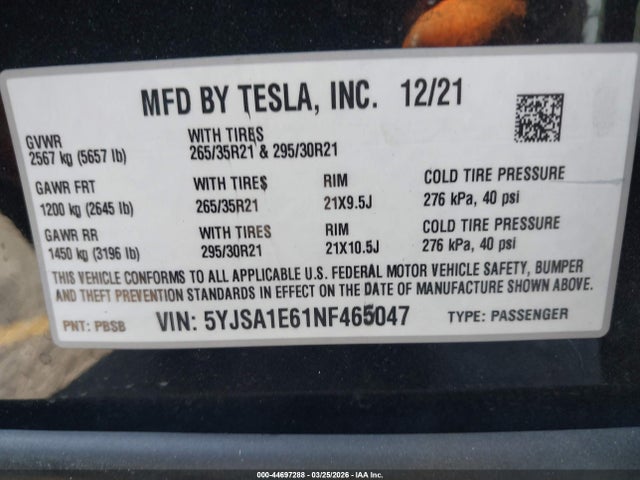 44697288 :رقم المزاد ، 5YJSA1E61NF465047 vin ، 2022 Tesla Model S Plaid مزاد بيع