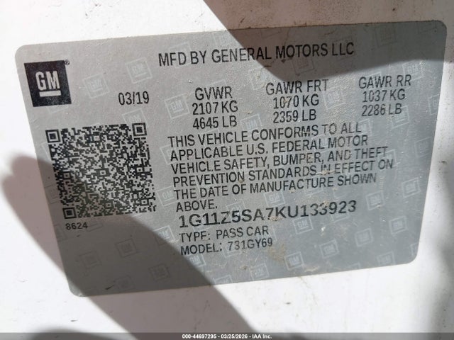 2019 Chevrolet Impala Lt მანქანა იყიდება აუქციონზე, vin: 1G11Z5SA7KU133923, აუქციონის ნომერი: 44697295