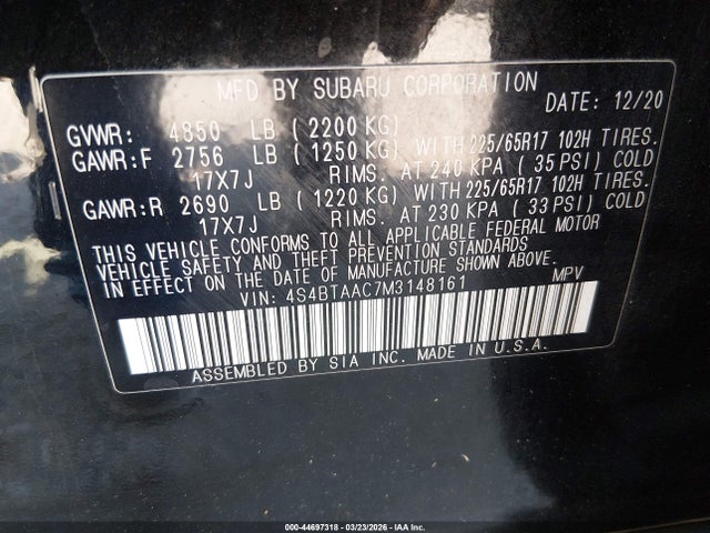 Aukcja sprzedaży 2021 Subaru Outback, vin: 4S4BTAAC7M3148161, numer aukcji: 44697318