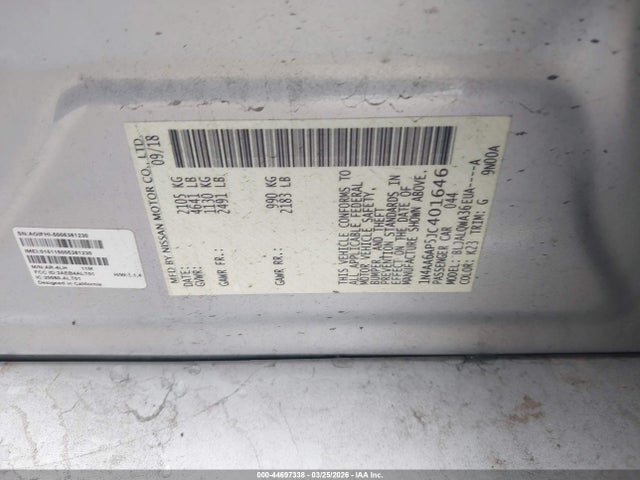 2018 Nissan Maxima 3.5 S მანქანა იყიდება აუქციონზე, vin: 1N4AA6AP5JC401646, აუქციონის ნომერი: 44697338