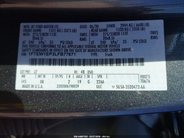 Aukcja sprzedaży 2020 Ford F-150 Xlt, vin: 1FTEW1EP3LFB77871, numer aukcji: 44697353