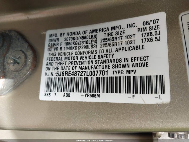 Aukcja sprzedaży 2007 Honda Cr-v Ex-l, vin: 5J6RE48727L007701, numer aukcji: 44697376