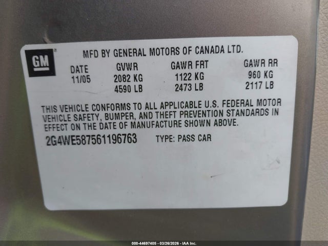 Aukcja sprzedaży 2006 Buick Lacrosse Cxs, vin: 2G4WE587561196763, numer aukcji: 44697405