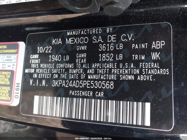 44697407 :رقم المزاد ، 3KPA24AD5PE530568 vin ، 2023 Kia Rio S مزاد بيع