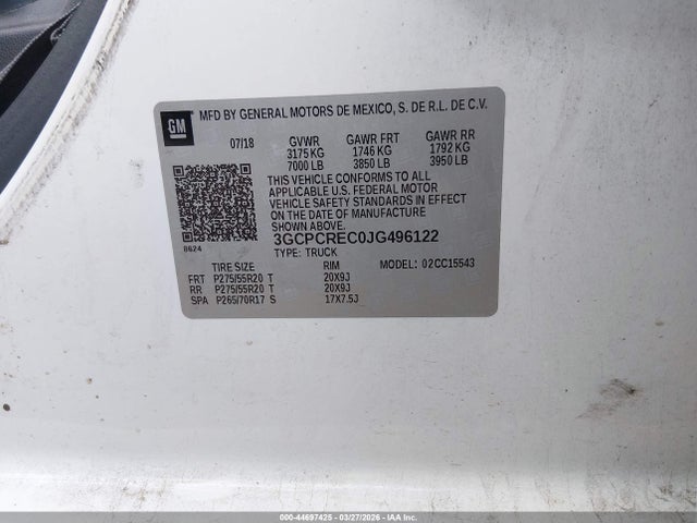 Продажа на аукционе авто 2018 Chevrolet Silverado 1500 1lt, vin: 3GCPCREC0JG496122, номер лота: 44697425