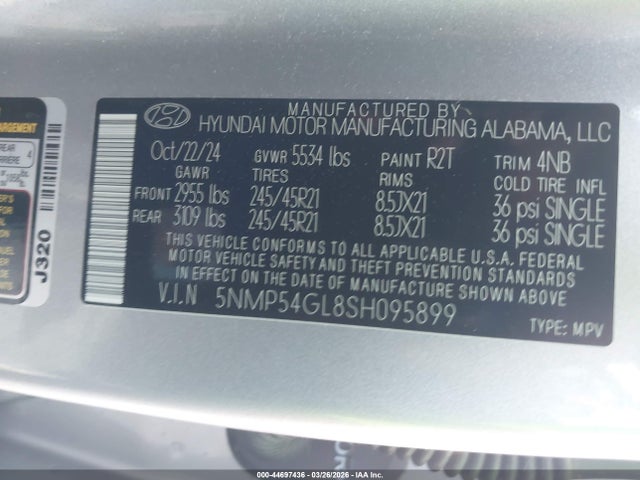 44697436 :رقم المزاد ، 5NMP54GL8SH095899 vin ، 2025 Hyundai Santa Fe Calligraphy مزاد بيع